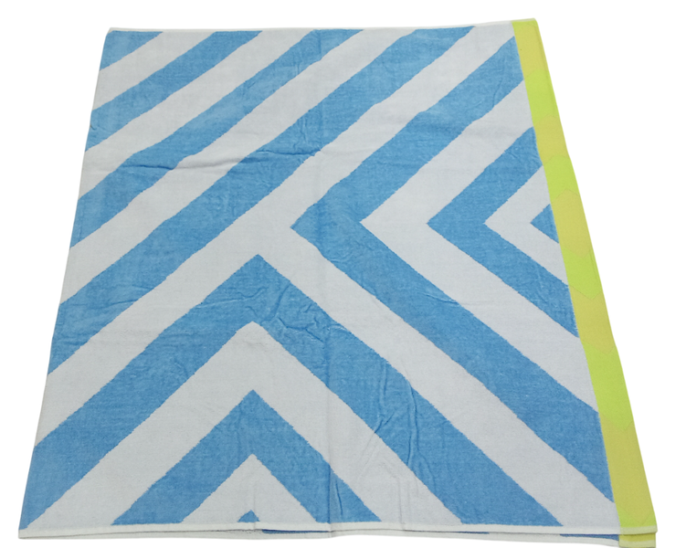 Lightweight Beach Towel - Sky Blue with White, Green &amp; Yellow Border