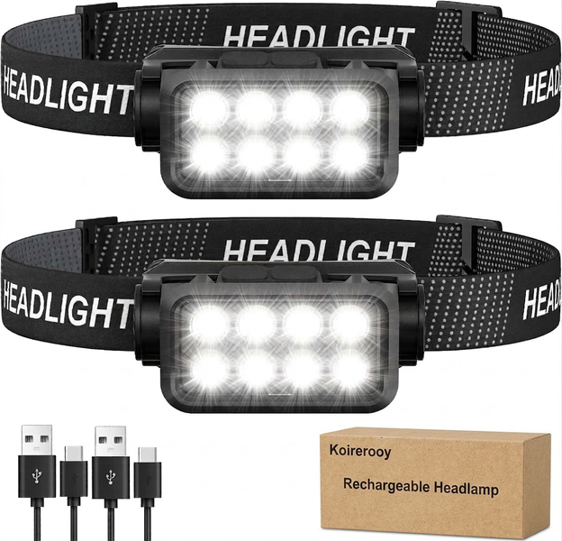 Koirerooy Rechargeable Headlamp Flashlight 2-Pack,Smart Sensor &amp; Waterproof