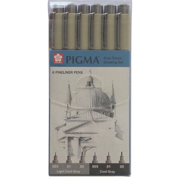 Sakura Pigma Micron Gray Tones Drawing Set - 6 Fineliner Pens