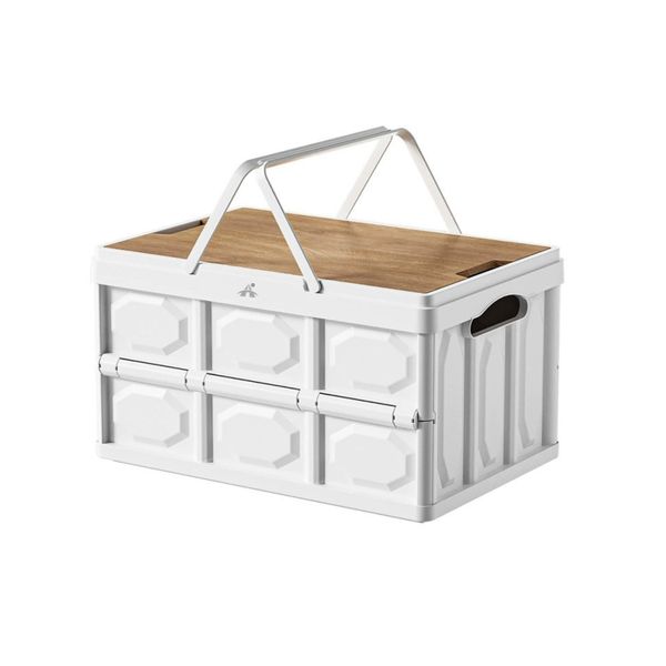 ALANES Collapsible White Storage Bin with Handles and Wooden Lid