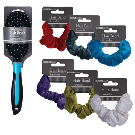 Cushion Hair Brush Black/Blue + 6 Piece Hair Band Pom Pom Scrunchie Velvet  | Buy Online in South Africa 