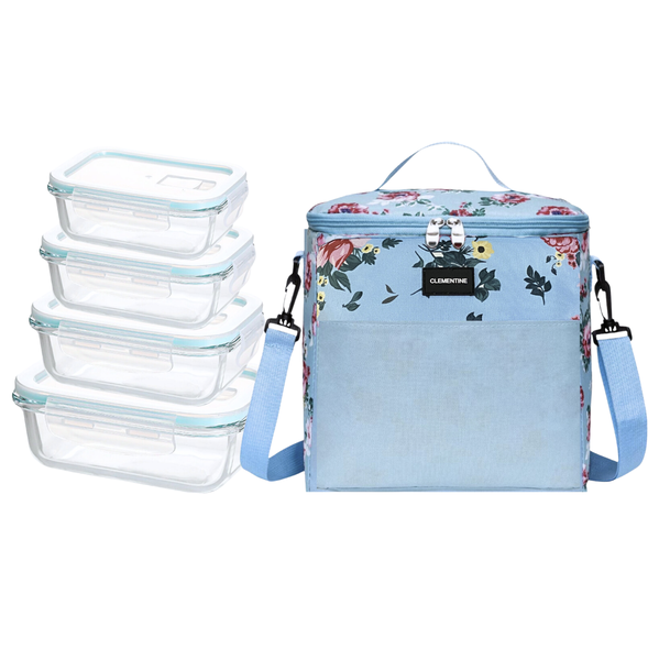 Clementine Floral Lunch Bag with 4-Piece Rectangle Glass Container Set