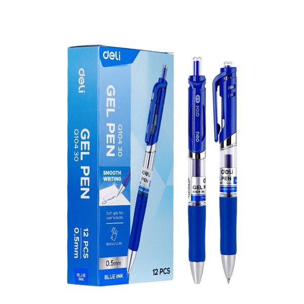 Deli Retractable Gel Pen 0.5mm Blue Ink Transparent Barrel With Grip 12 PCS