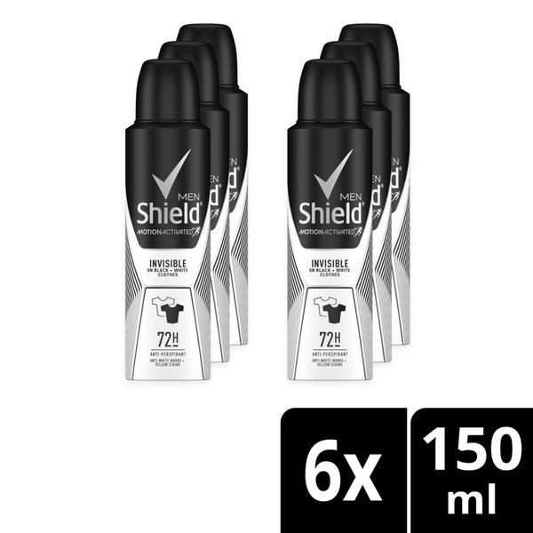 Shield Men Invisible Black and White Antiperspirant Deodorant Body Spray 6x150ml