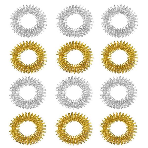 12 Acupressure Stress Relief Massage Finger Rings - Silver and Gold