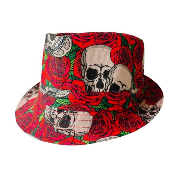 Halloween - Day of the Dead - Dress Up Skull &amp; Roses Fedora Hat