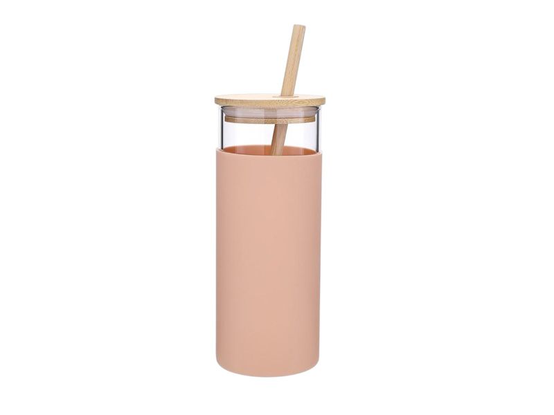 Borosilicate Bottle With Wood Lid &amp; Straw - 480ml - 17.7cm - Set of 2