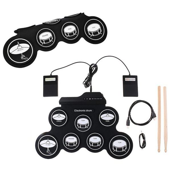7-Pad Roll Up Electronic Drum Kit - Portable Hand Roll Drum Set Dual Pedal