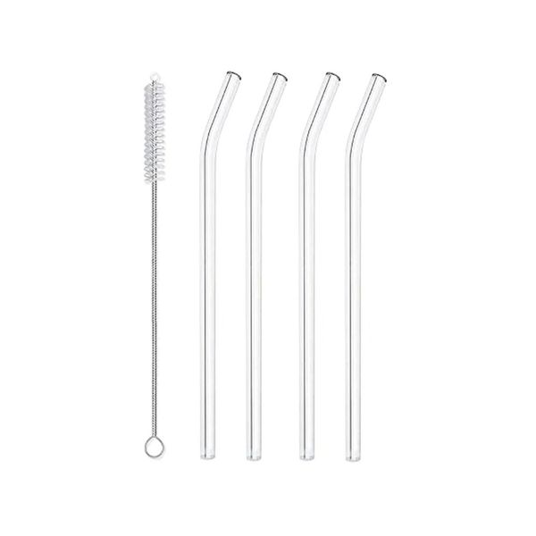 Set of 4 Reusable Bent Glass Straws with Cleaning Brush