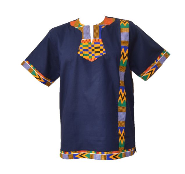Linen Kente Embroidered Navy Shirt - Side Stripe Kente