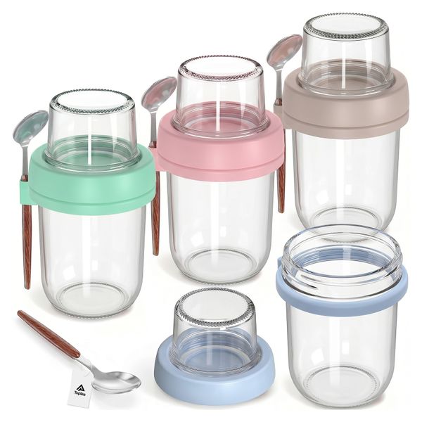 Topika Glass Jars With Lids &amp; Spoon For Overnight Oats, 4 Piece Mason Jars