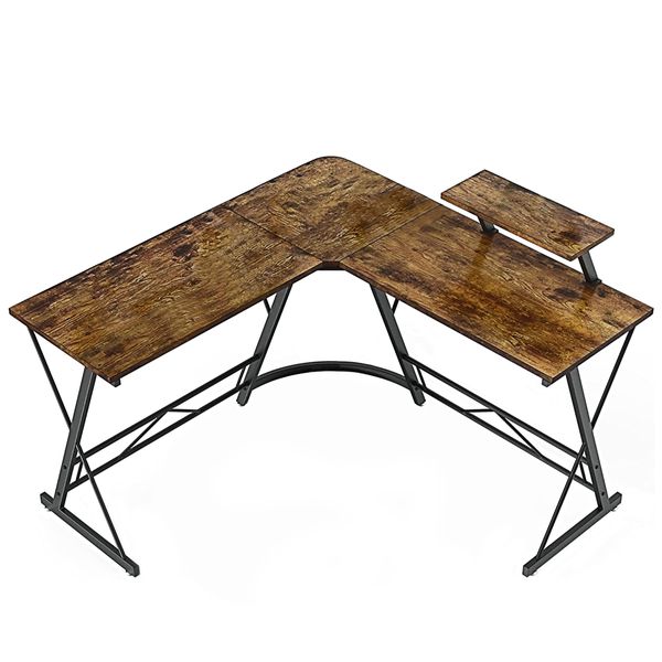 L-shaped work from home, gaming corner desk. Antique brown wood colour