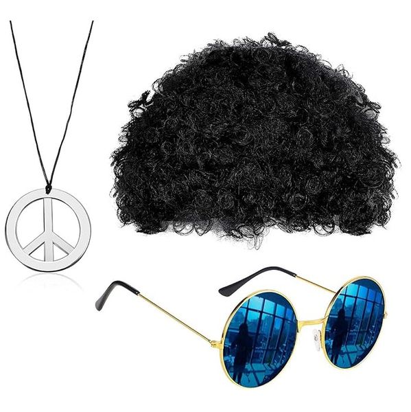 Hippie Costume Set,Funky Afro Wig, Sunglasses and Peace Sign Necklace