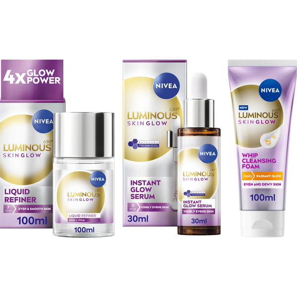 NIVEA LUMINOU630 Skin Glow Bundle: Face Cleansing Gel, Exfoliator, Serum