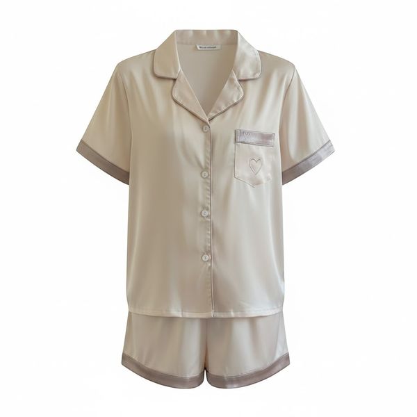 Elegant Satin Silk Button-Down Pajama Set with Contrast Trim - Pink