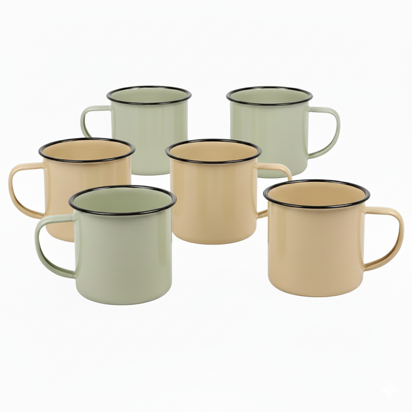 Enamel Coffee Mugs - 6-Pack (Green &amp; Cream) | Durable, 8cm, Portable