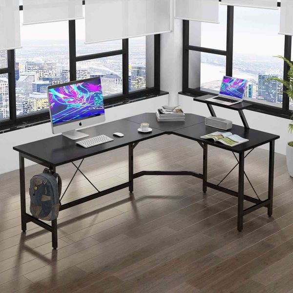 L Shaped Corner Desk Computer Gaming Table with Monitor Stand &amp; 2 Hooks