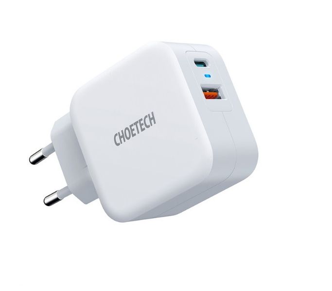 Choetech 1x USB-A and 1 X USB-C Charging Port 38W Fast EU Charging - Ideal for Tablets - White
