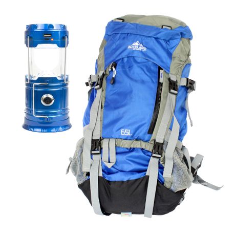 Auckland 65L Hiking Camping Backpack with Solar Camping Lantern Blue Shop Today. Get it Tomorrow takealot