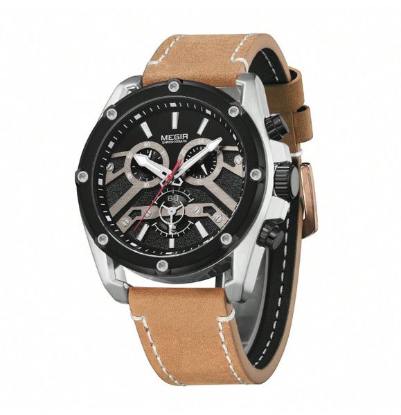 MEGIR - Water Resistant Quartz Watch With Chronographic Dial-Brown/Silver