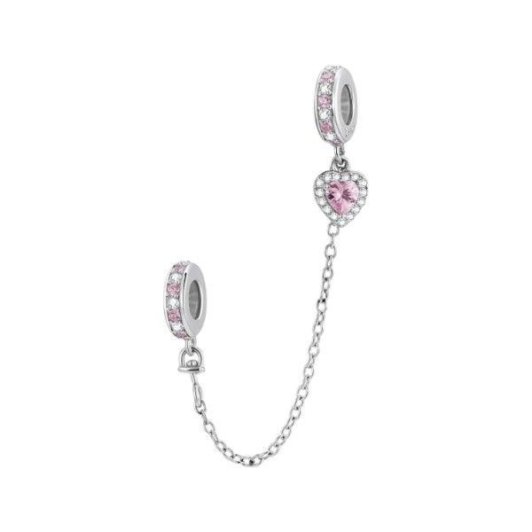 S925 Silver Charm Stoppers With Hanging Design &amp; Zirconia Stones - Pink
