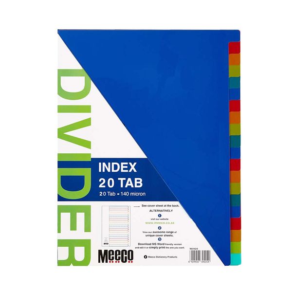 Meeco A4 20 Tab Bright Multi Colour Dividers