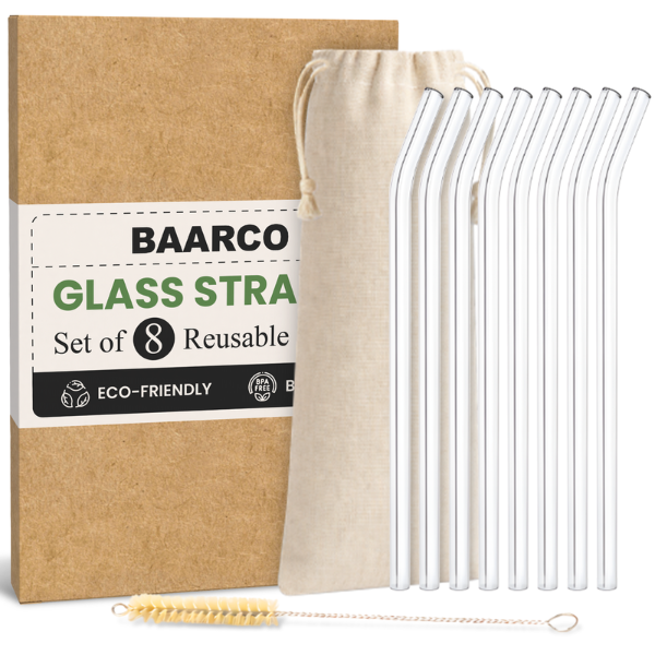 Eco Reusable Glass Straw Set Heat Resistant With Cleaner &amp; Pouch