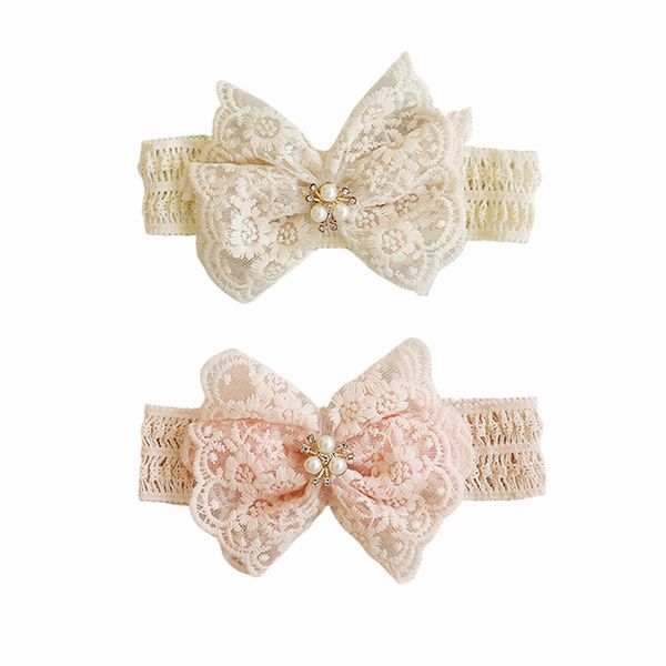 2pcs Baby Girl Headbands Set, Lace Bow with Pearls