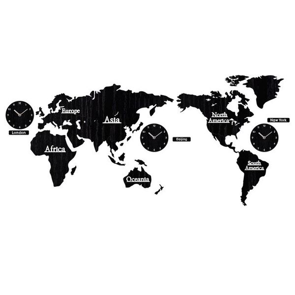 3D World Map Wall Clock - Black