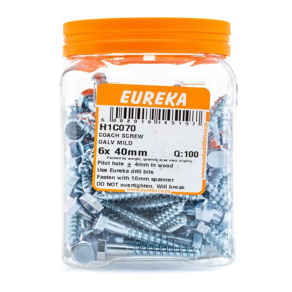 EUREKA Coach Screws Galvanised Mild Steel 6 x 40mm Q:100 H1C070