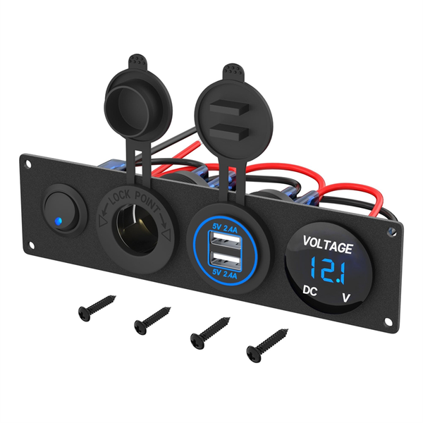 4 in 1 12V USB Panel+LED Voltmete &amp;Dual USB Charger Socket Blue