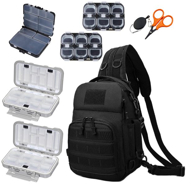 Tactical Fishing Sling/Backpack with USB + 6 Tackle Boxes Kit + Scissors