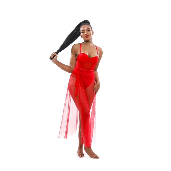 Selphies Tulle Red Wrap Cover Up Skirt and Bodysuit Lingerie Set