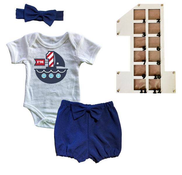 First Birthday Outfit-Bubble shorts &amp; Photo Frame- Navy-Sailor Boat