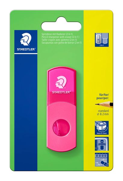 Staedtler Tub Sharpener and Eraser Blistercard - Neon Pink