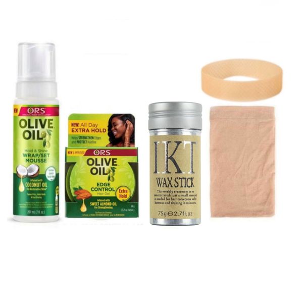 ORS Olive Wrap Mousse + Edge Control ,IKT Wax Stick, Wig Grip &amp; 2 Caps