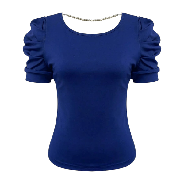 Women's Bubble Short-Sleeved Top With Back Bow- Blue