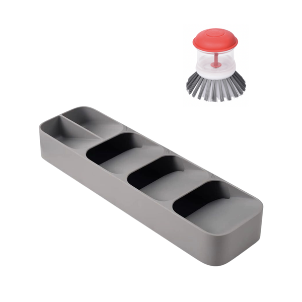 Space Saving Cutlery Organiser with Soap Dispensing Scrubber Brush - 2-Pack