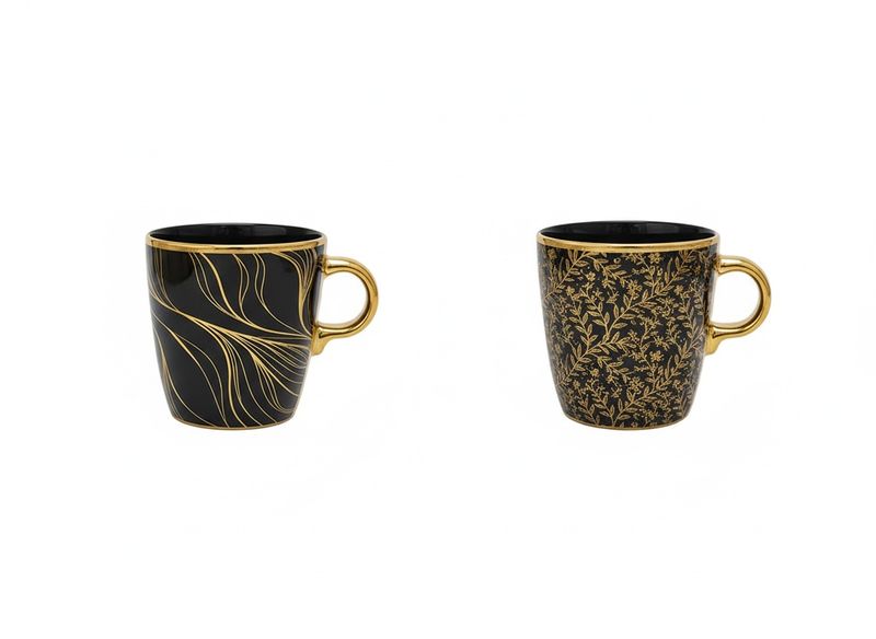 2 Pack Black with Gold Floral Print Ceramic Coffee or Tea Mugs Kitchenware