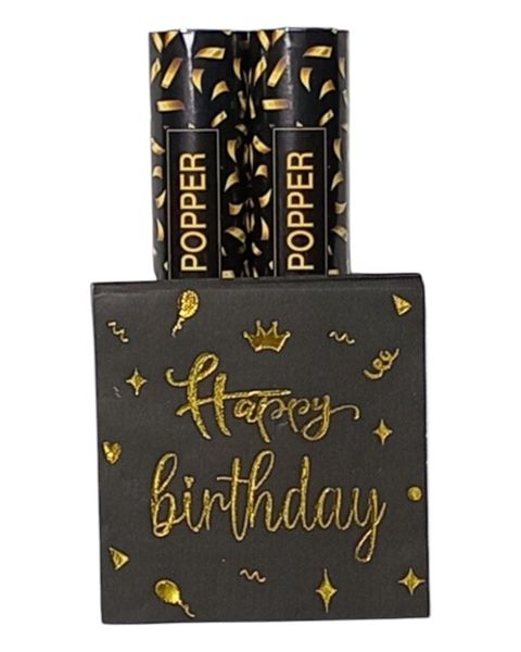 Confetti Party Popper with Happy Birthday Serviettes - Black and Gold