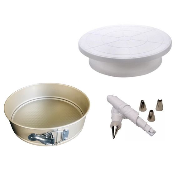 Cake Baking Tin, Cake Turntable and a Cake Piping Bag with 4 Nozzles