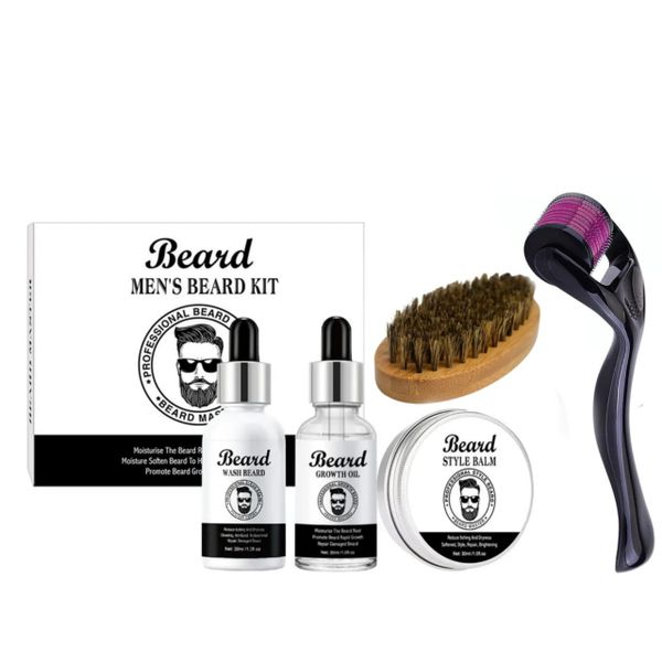 Men Beard Wash, Oil &amp; Balm Treatment Set with Derma Roller &amp; Brush