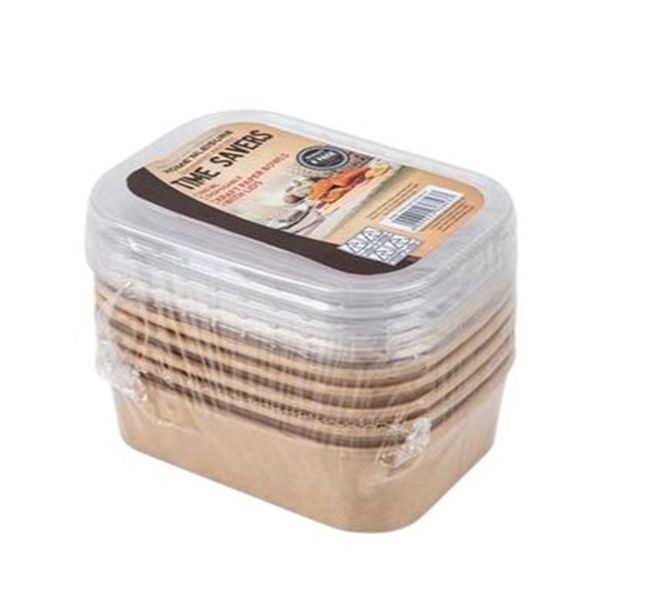 6 Piece Rectangular Kraft Paper Bowls With Lids 650ml x 2