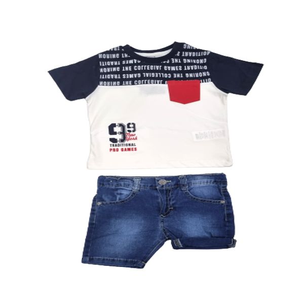 Boys Navy Blue and Blue T-shirt and Short 2 Piece Set with a touch of Red