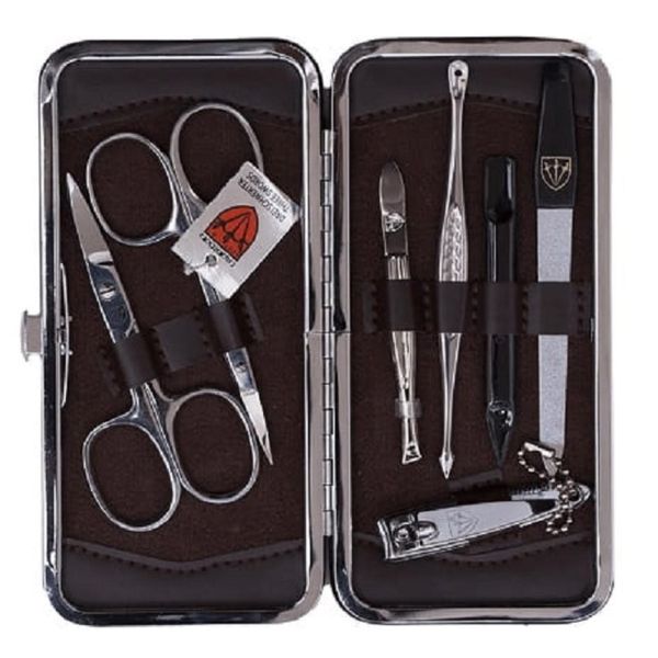 Kellermann Manicure Nail Tool Set in Classic Brown Ostrich Look Case 7 Pieces