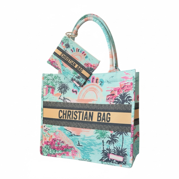 Printed Tropical Essential Canvas Tote Bag with Matching Pouch - 42 cm