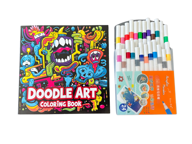 Doodle Art colouring book and acrylic marker pack