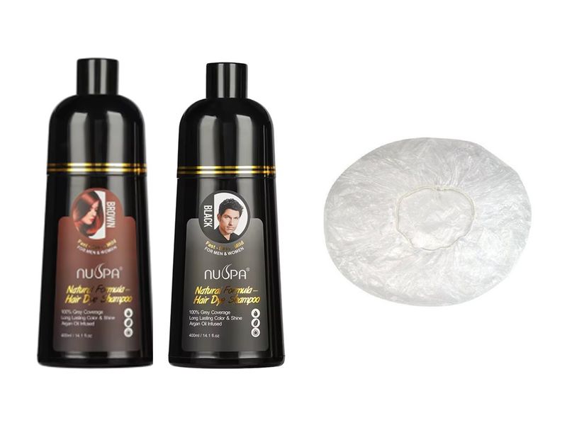 Nuspa Natural Formula Hair Dye Shampoo Brown and Black 400ml + Shower Caps