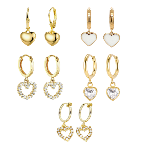 6 Pairs Heart Design Drop Earrings For Women - Gold