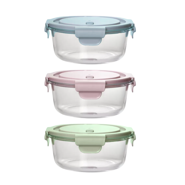 950ml Leak-Proof Glass Round Food Containers - 3 Pack Mix